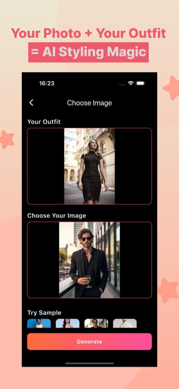 AI Outfit Swap app screenshot — outfit selection